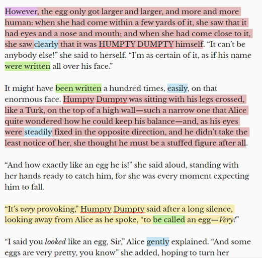 Screenshot from the Hemingway App website showing a sample text with sections highlighted to show readability issues such as long sentences, passive voice and adverbs.