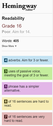 Screenshot from the Hemingway App website showing a readability report giving scores for readability, adverbs, passive voice, phrases with simpler alternative and sentences that are hard to read.